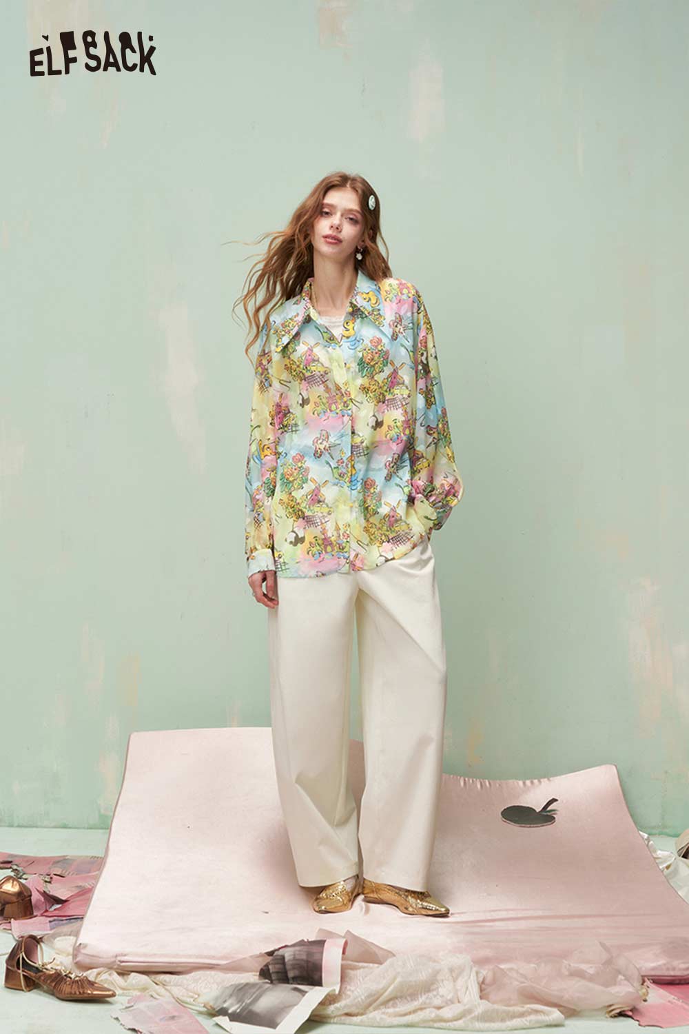 ELFSACK Dreamy Whimsical Graffiti Allover Print Loose Fit Long Sleeve Shirt