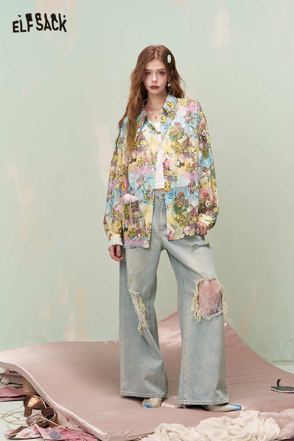 ELFSACK Dreamy Whimsical Graffiti Allover Print Loose Fit Long Sleeve Shirt