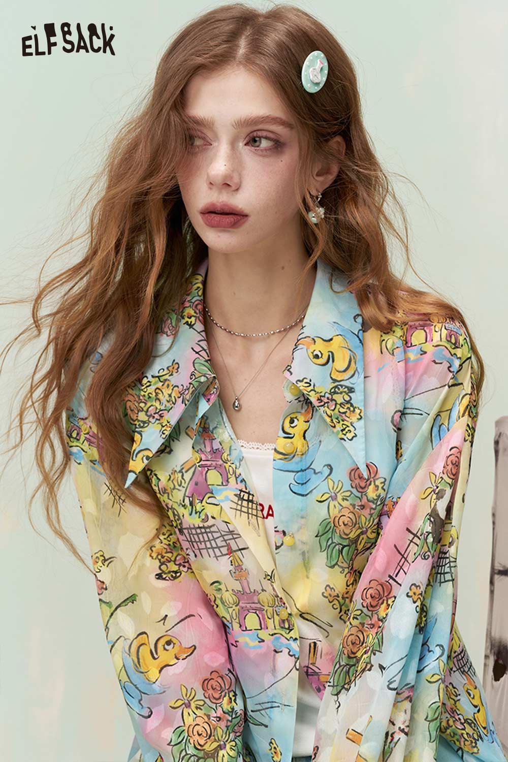 ELFSACK Dreamy Whimsical Graffiti Allover Print Loose Fit Long Sleeve Shirt
