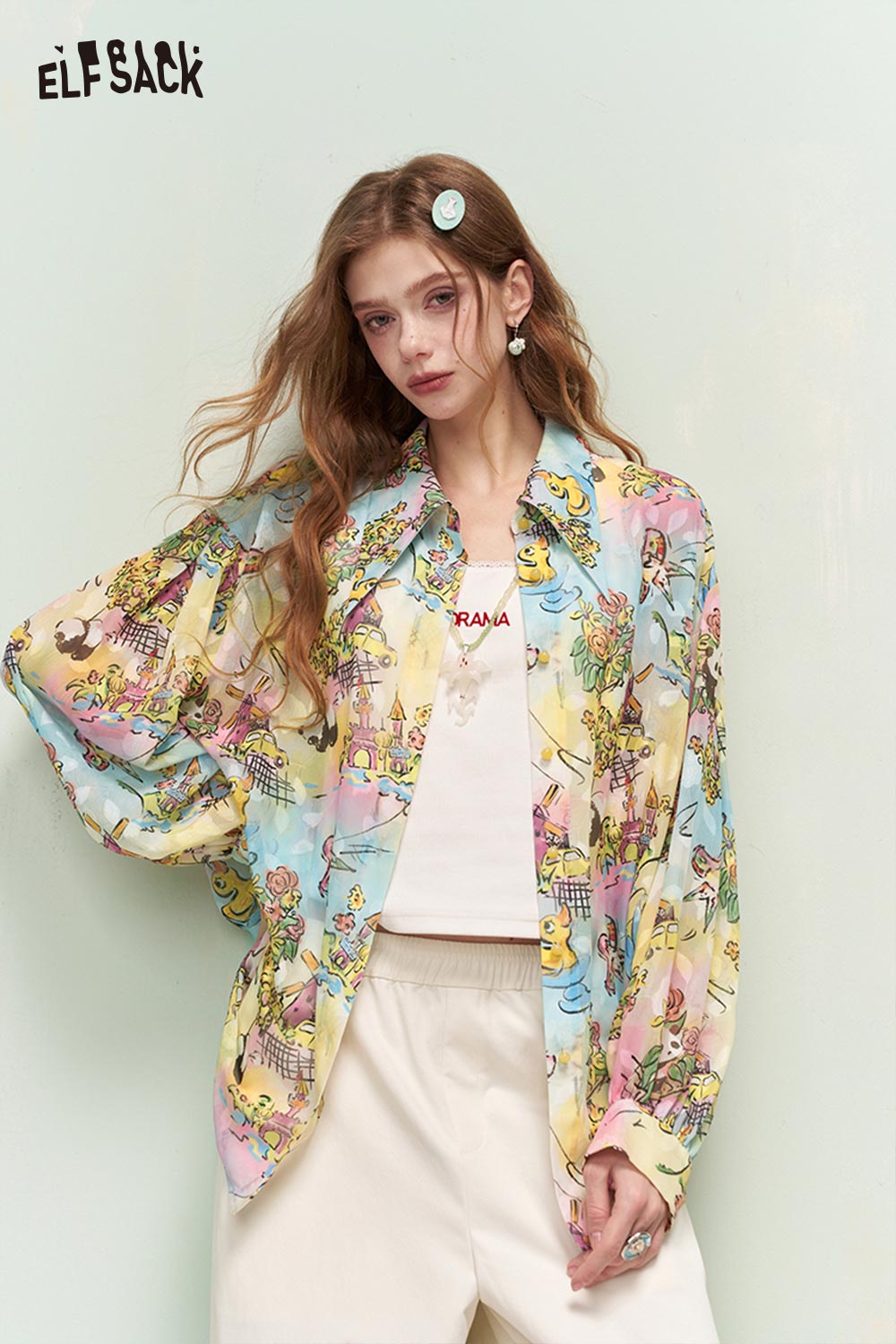 ELFSACK Dreamy Whimsical Graffiti Allover Print Loose Fit Long Sleeve Shirt