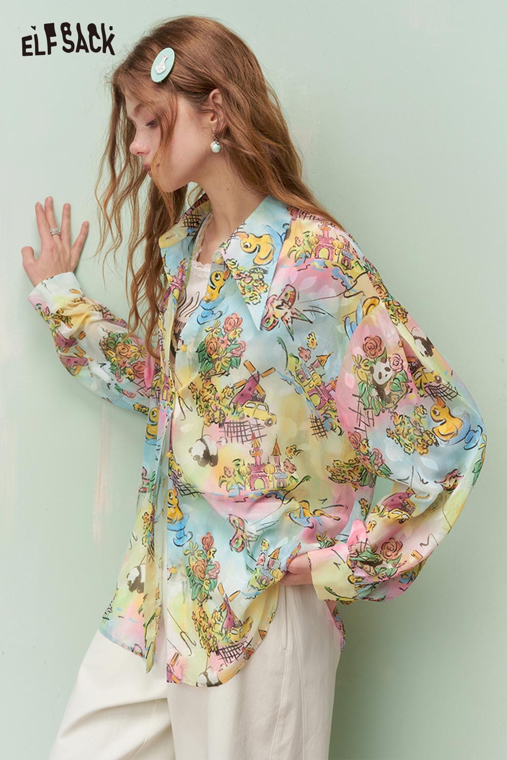 ELFSACK Dreamy Whimsical Graffiti Allover Print Loose Fit Long Sleeve Shirt