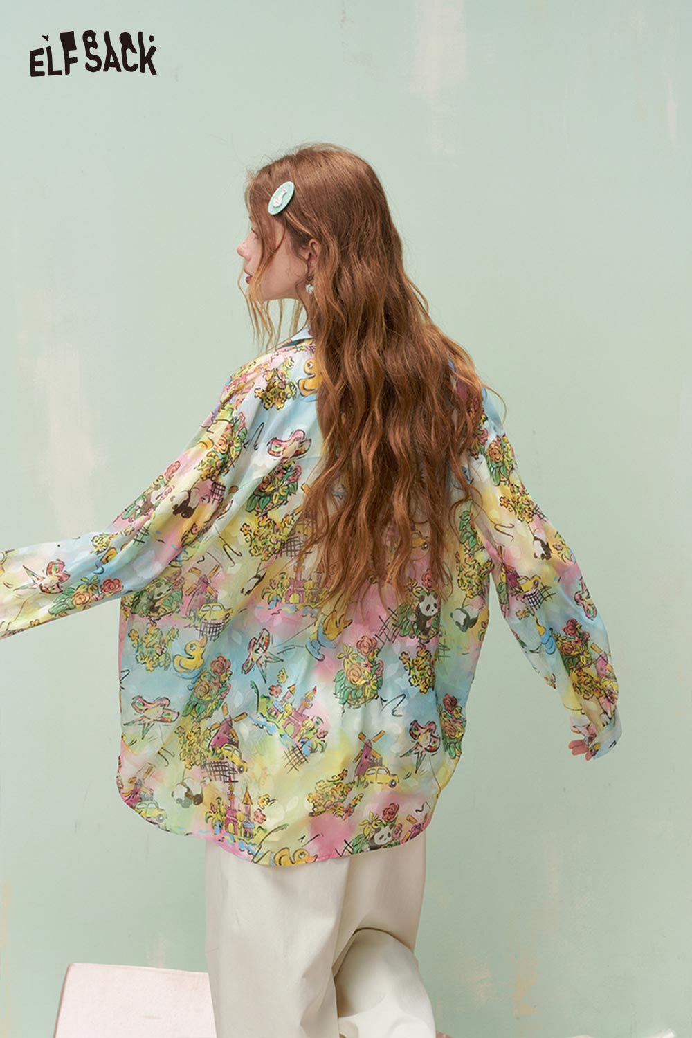 ELFSACK Dreamy Whimsical Graffiti Allover Print Loose Fit Long Sleeve Shirt