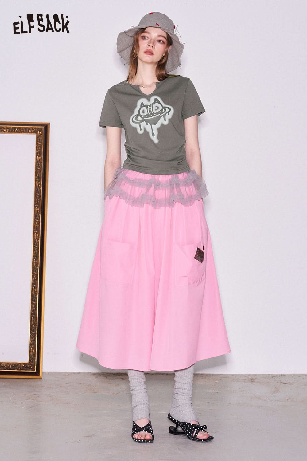 ELFSACK Drippy Heart Cat Print Crop T-Shirt