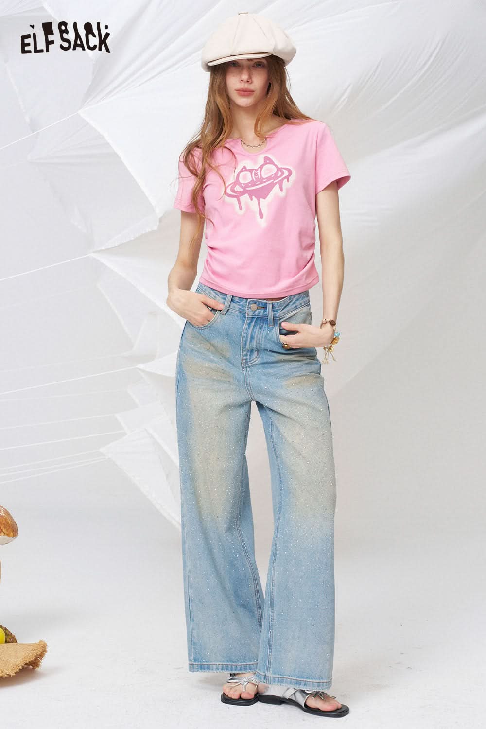 ELFSACK Drippy Heart Cat Print Crop T-Shirt