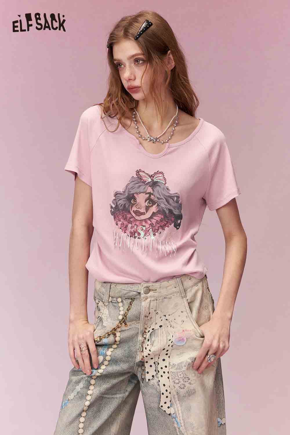 ELFSACK Trendy Clown Girl Print Shirred Fitted Short Sleeve Tshirt