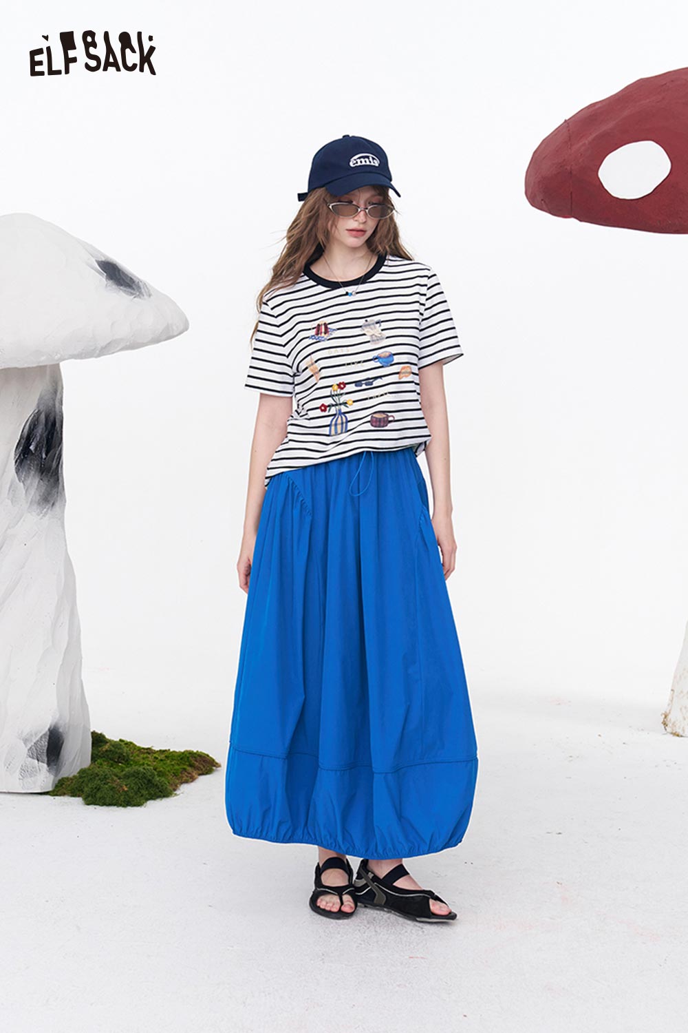 ELFSACK Elastic Waist Drawstring Lantern Skirt