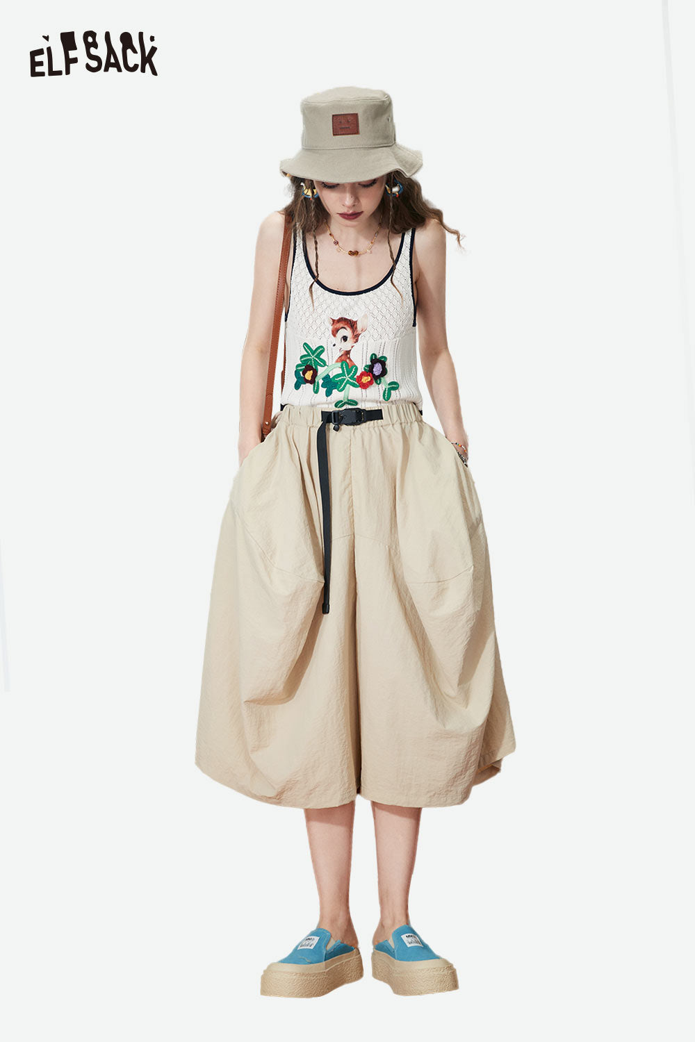 ELFSACK Elastic Waist Large Pocket Wide Leg Pants