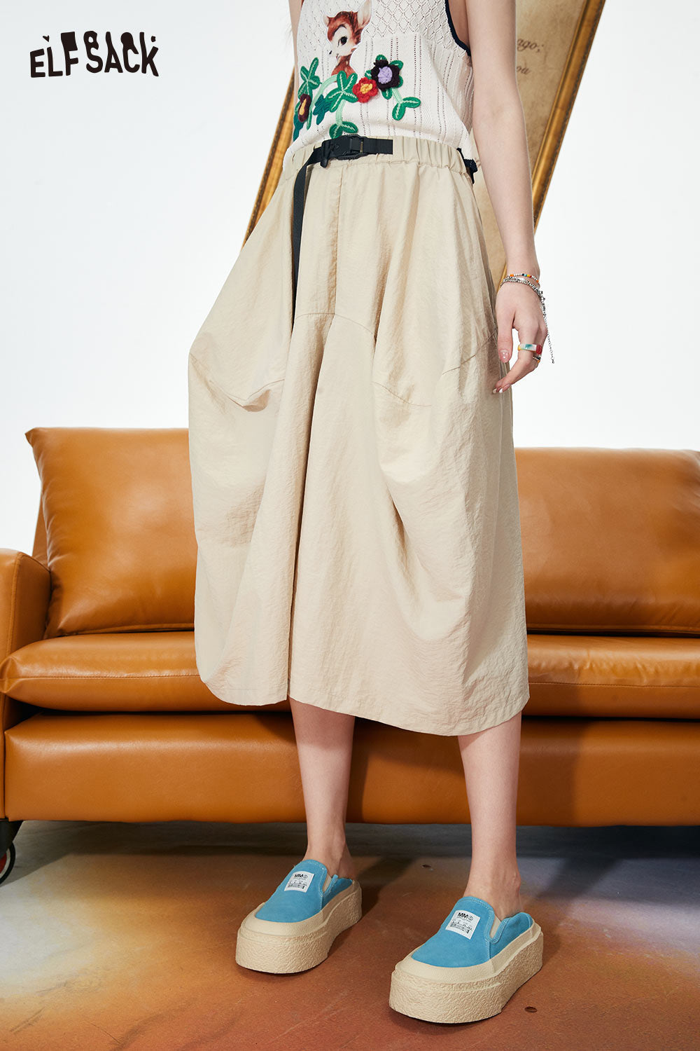 ELFSACK Elastic Waist Large Pocket Wide Leg Pants