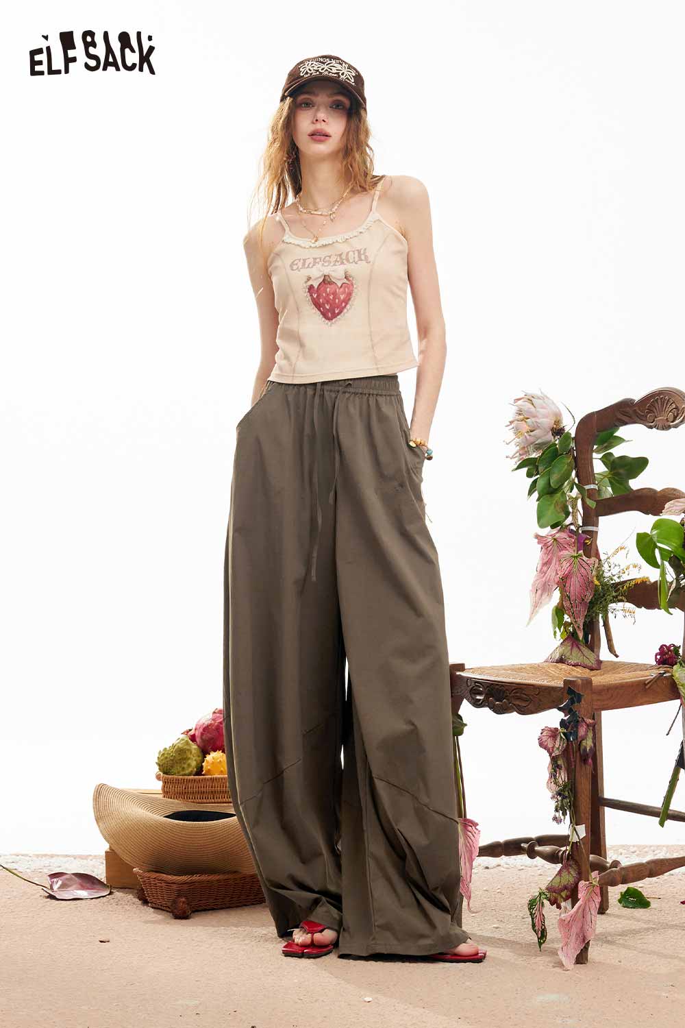 ELFSACK Elastic Waist Oversized Harem Wide Leg Pants