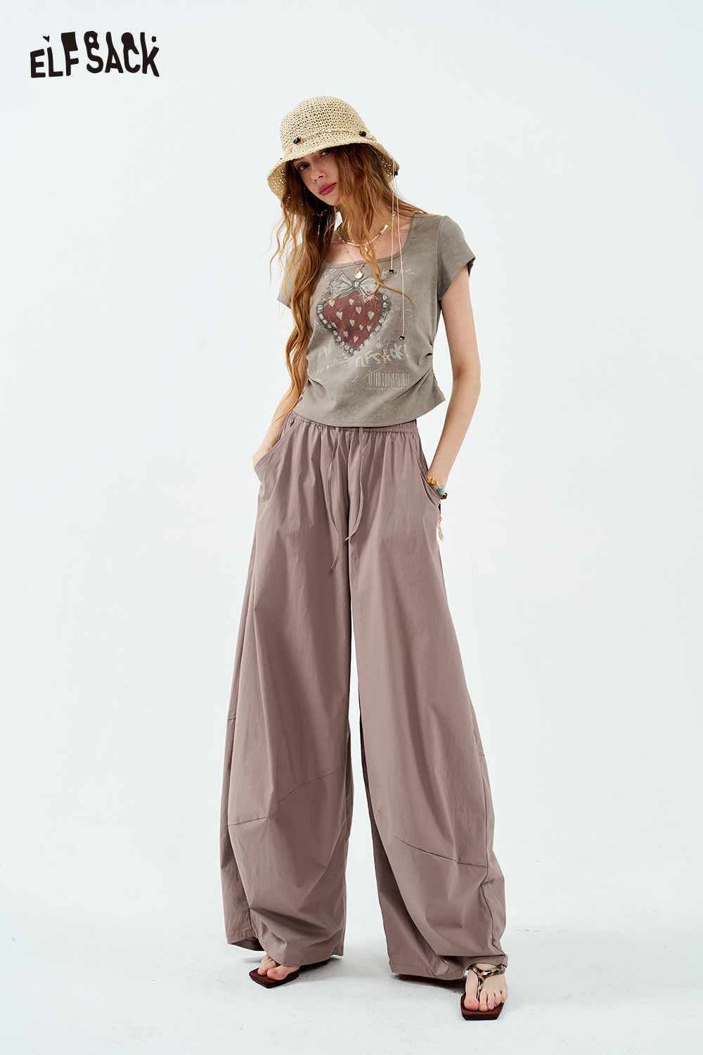 ELFSACK Elastic Waist Oversized Harem Wide Leg Pants