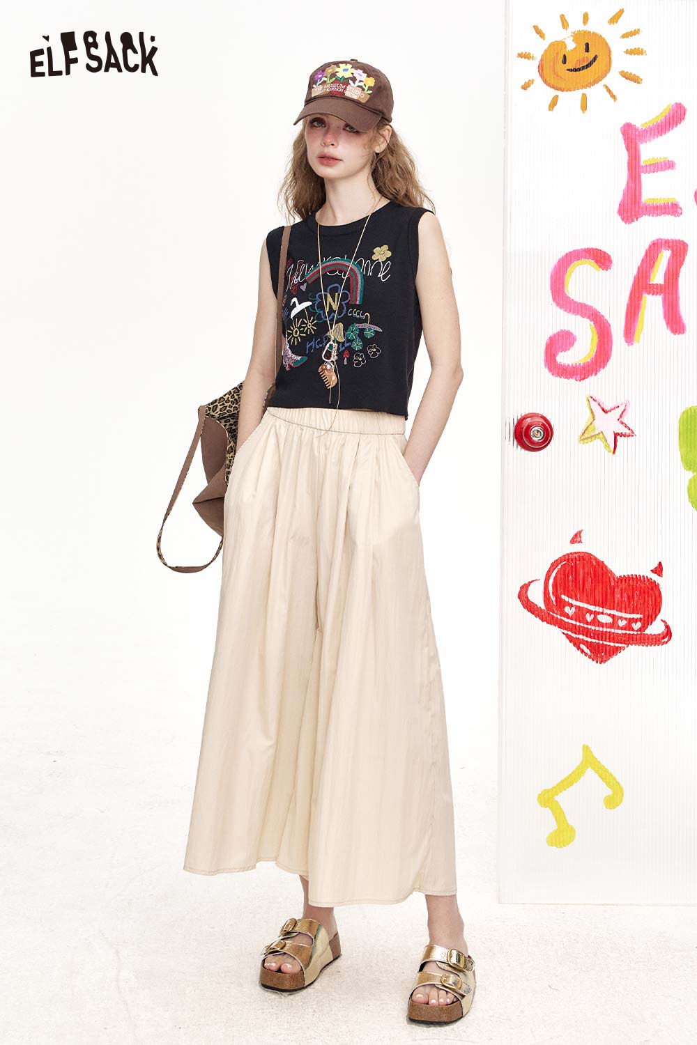 ELFSACK Elastic Waist Pleated Wide Leg Pants