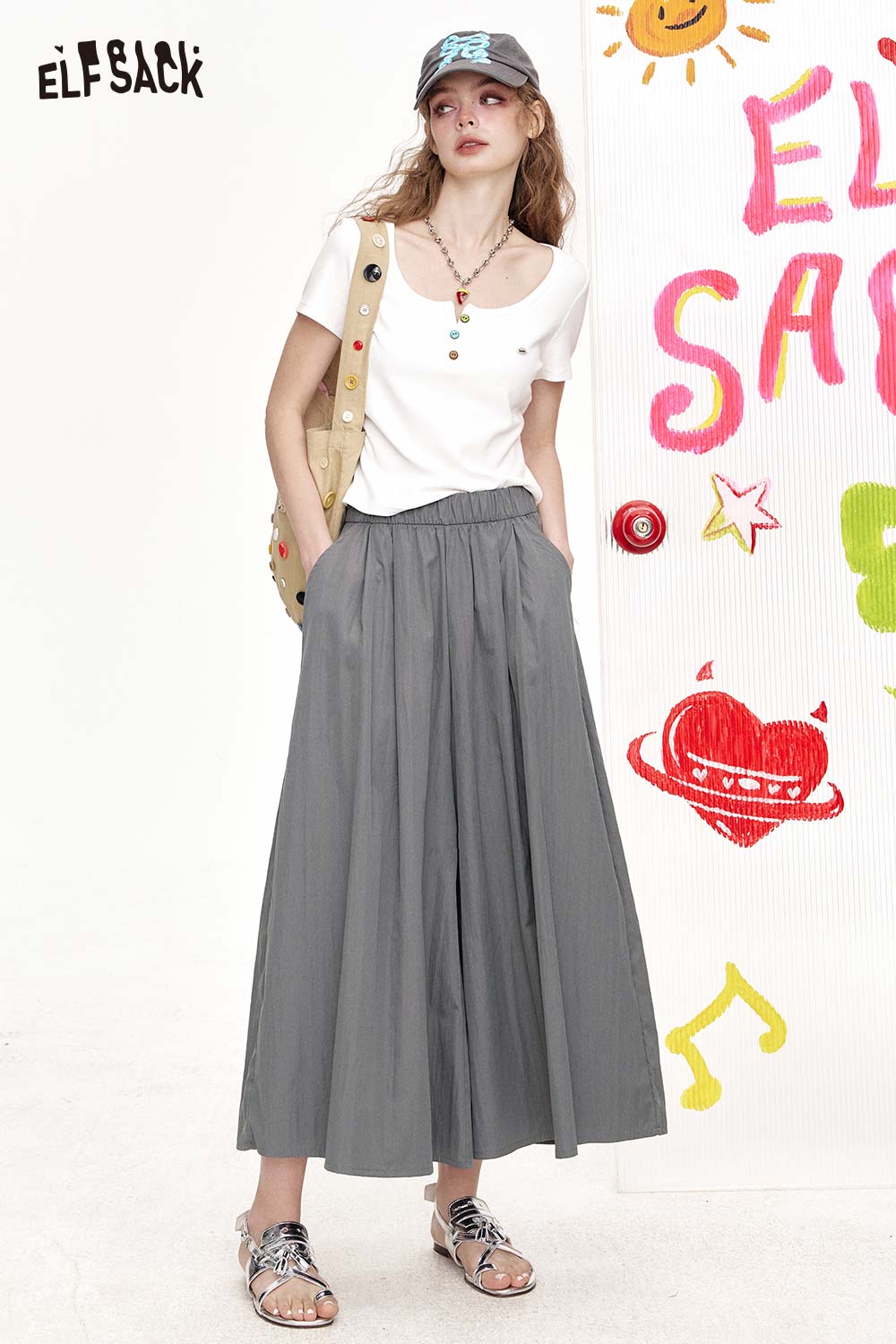 ELFSACK Elastic Waist Pleated Wide Leg Pants
