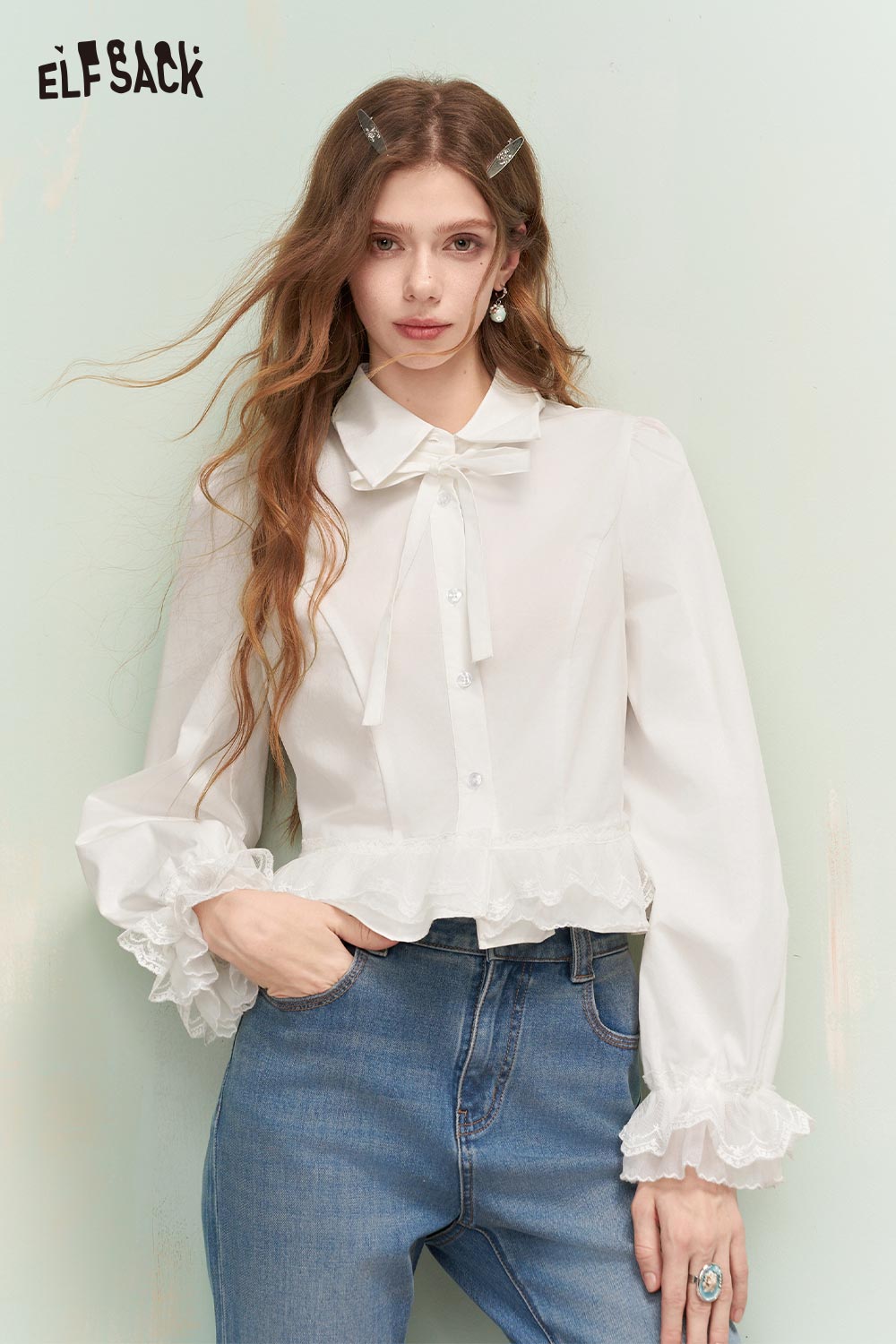 ELFSACK Elegant Button Down Shirt with Ruffled Lace Hem