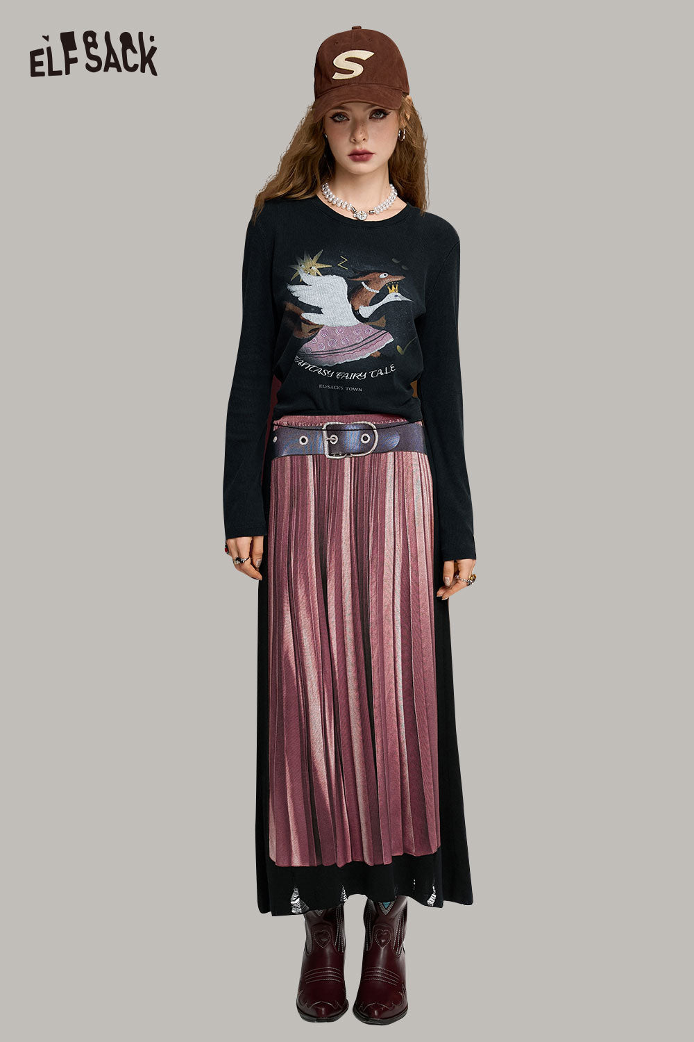 ELFSACK Elegant Color Block Knit A Line Skirt