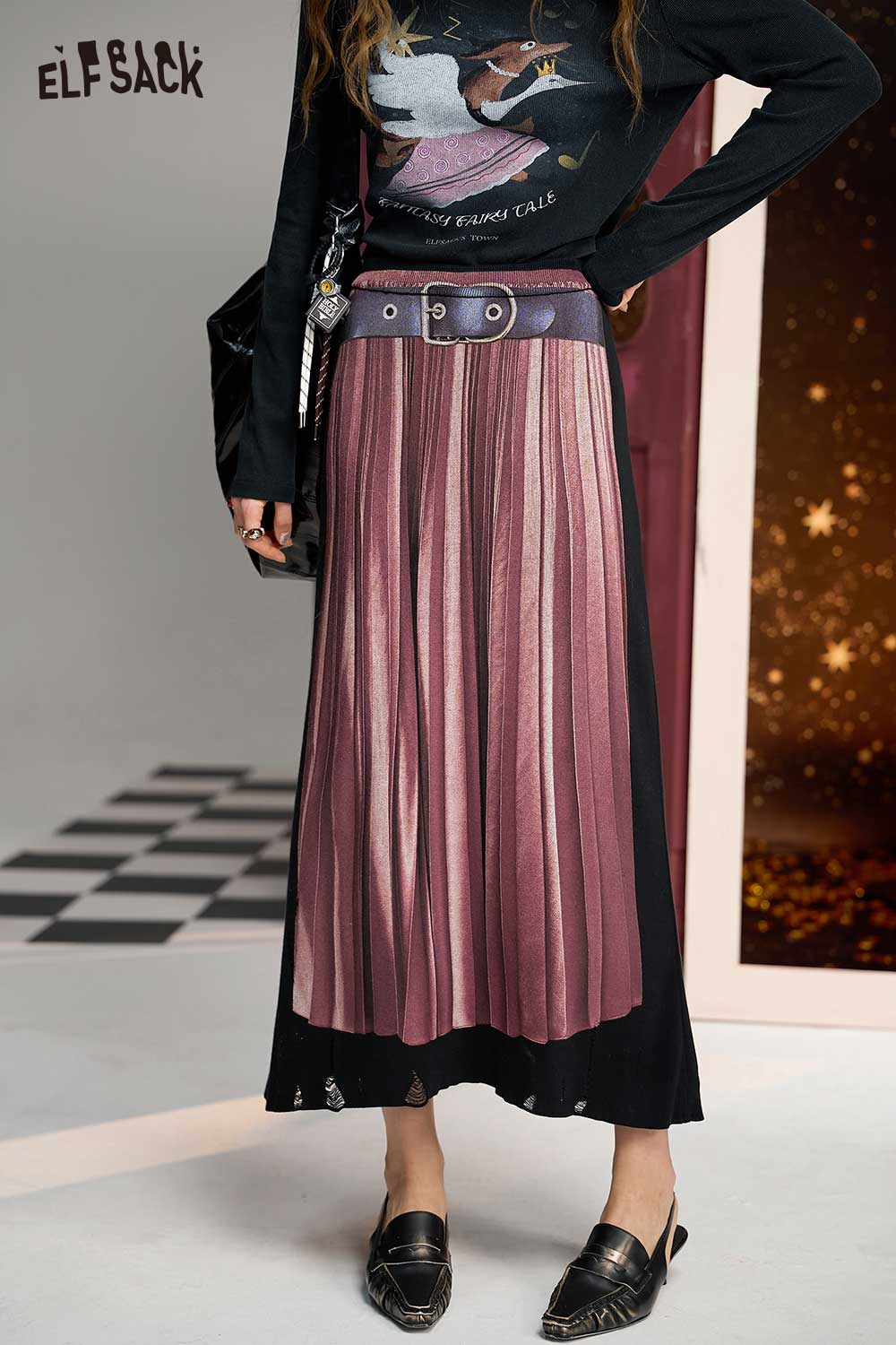 ELFSACK Elegant Color Block Knit A Line Skirt