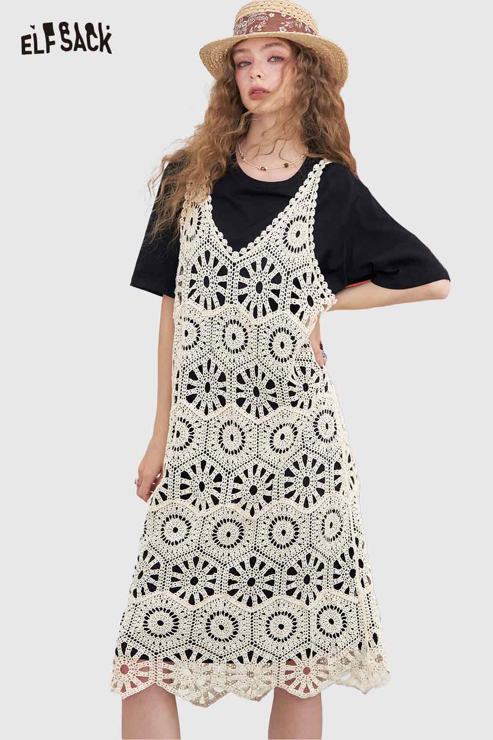 ELFSACK Elegant Cutout Lace Patchwork Tshirt Fake Two Piece Dress