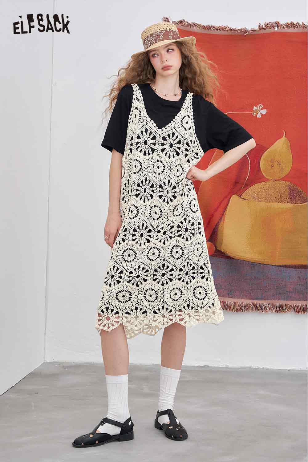 ELFSACK Elegant Cutout Lace Patchwork Tshirt Fake Two Piece Dress