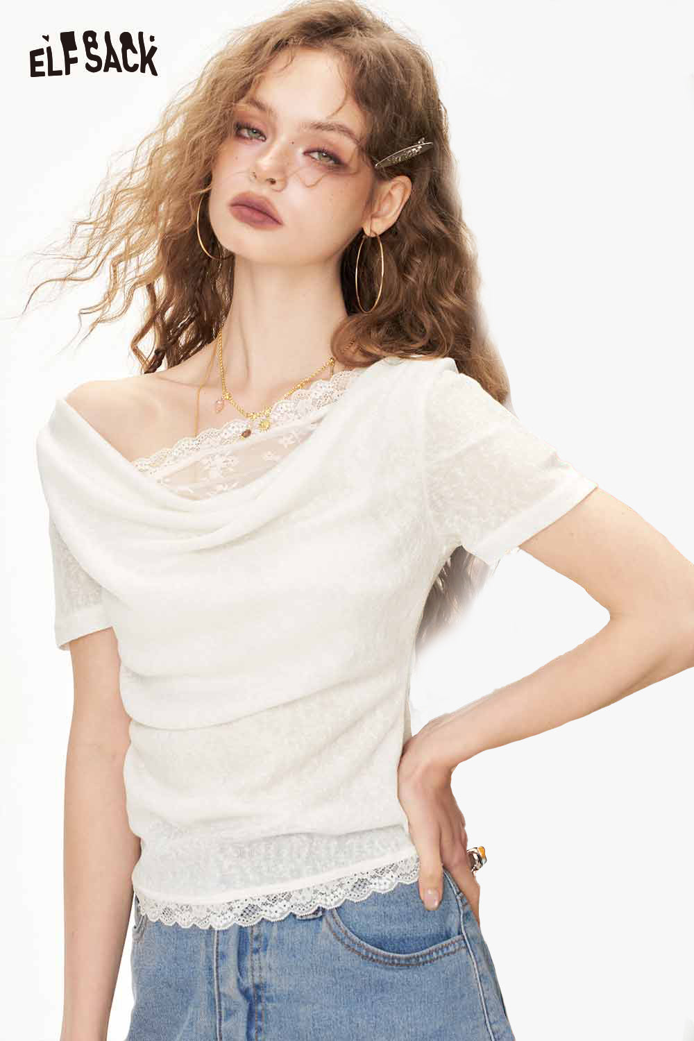 ELFSACK Elegant Draped Cowl Neck Lace Top