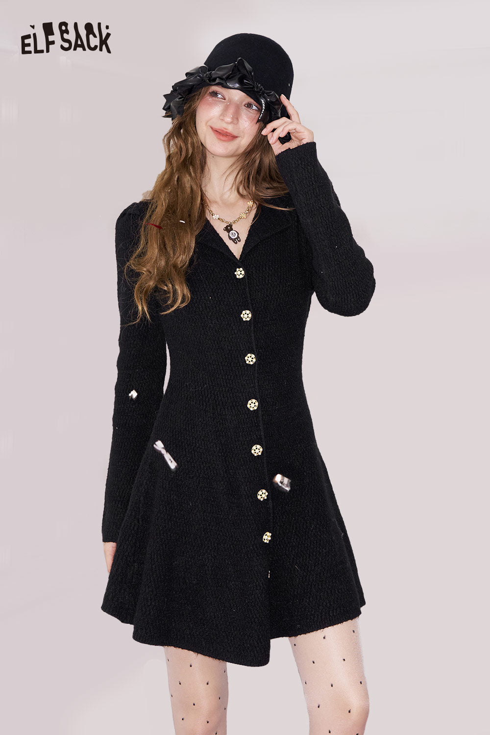 ELFSACK Elegant Sweet Single Breasted Gold Button Lapel Slimming Dress