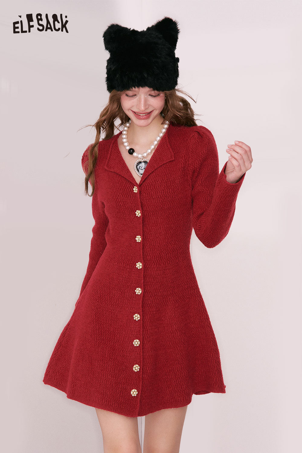 ELFSACK Elegant Sweet Single Breasted Gold Button Lapel Slimming Dress