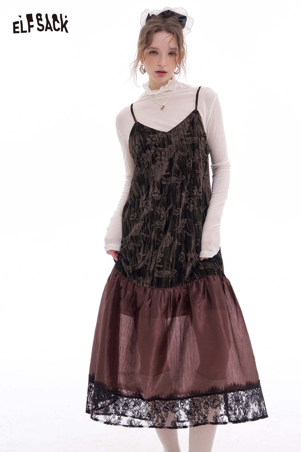 ELFSACK Elegant Lace Top Velvet Layering Two Piece Dress Set