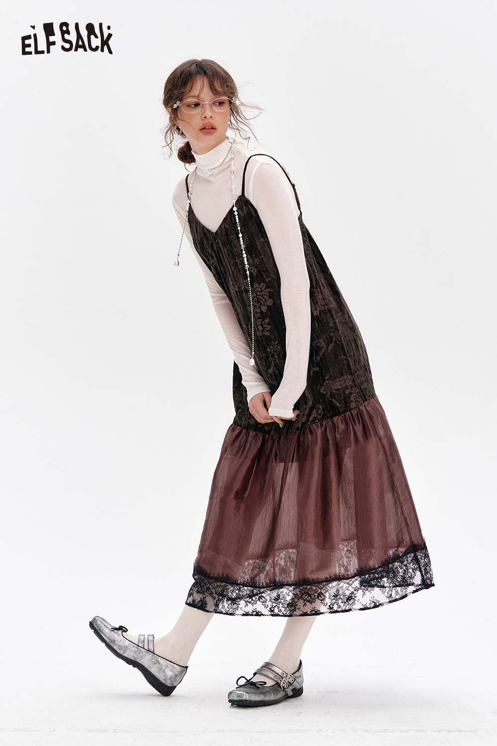 ELFSACK Elegant Lace Top Velvet Layering Two Piece Dress Set