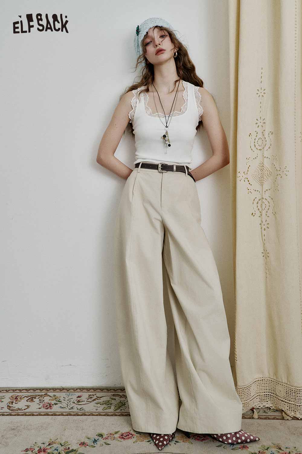 ELFSACK Elegant Lace Trim Ribbed Tank Top