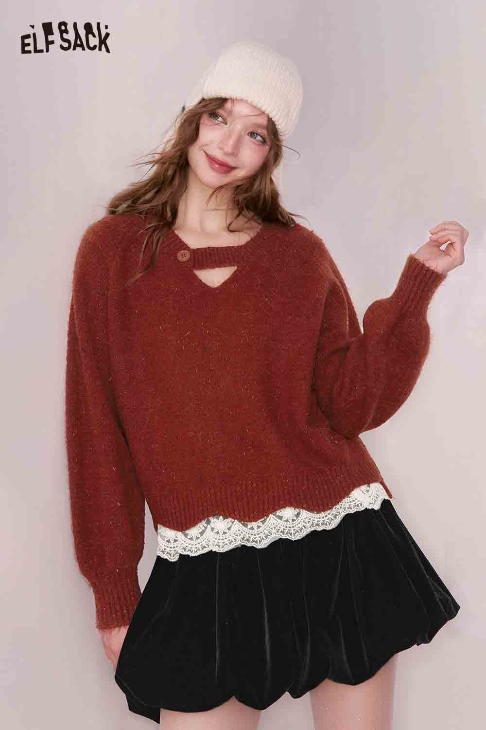 ELFSACK Elegant Classic Solid V Neck Cutout Lace Trim Sweater