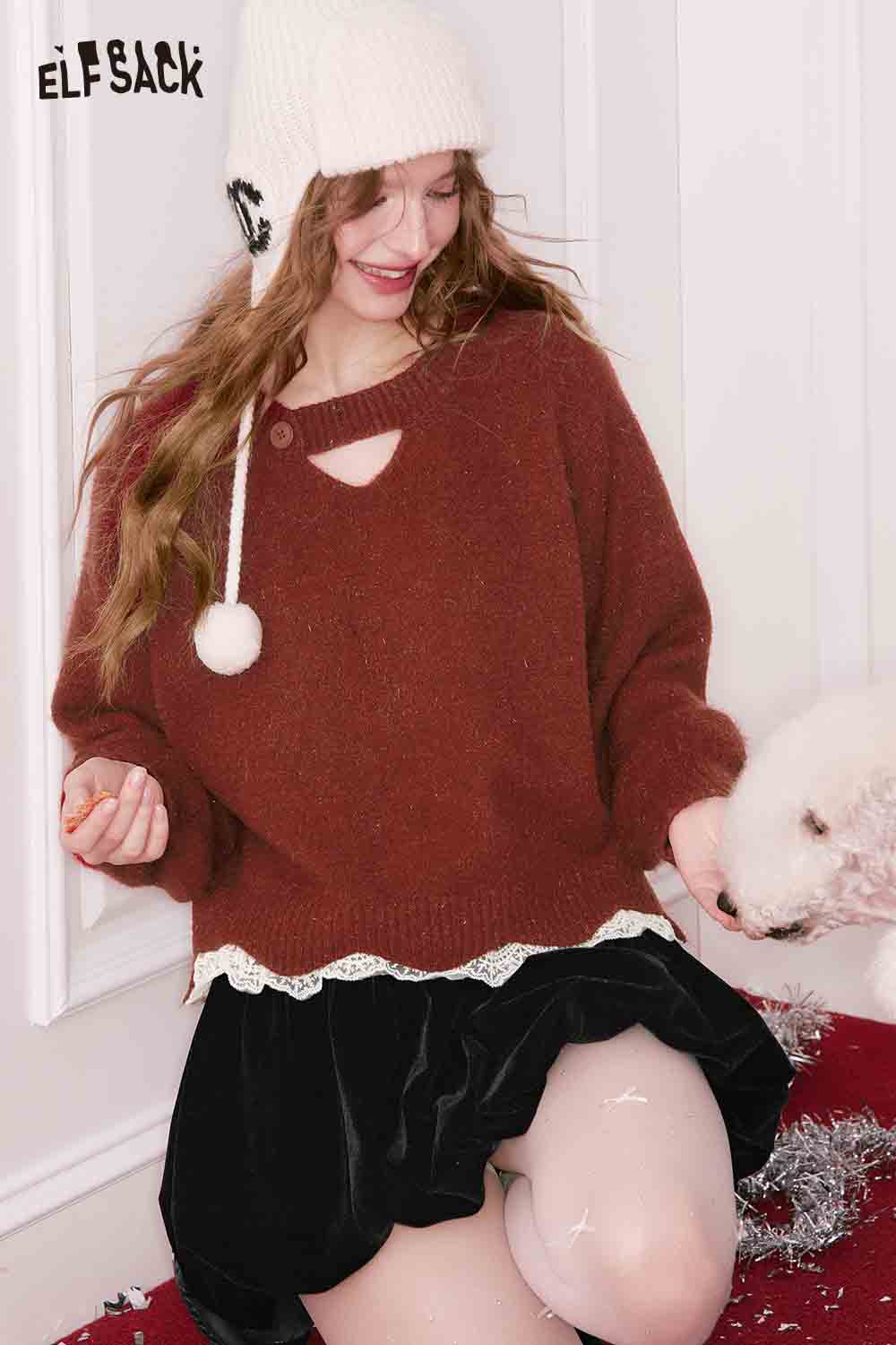 ELFSACK Elegant Classic Solid V Neck Cutout Lace Trim Sweater