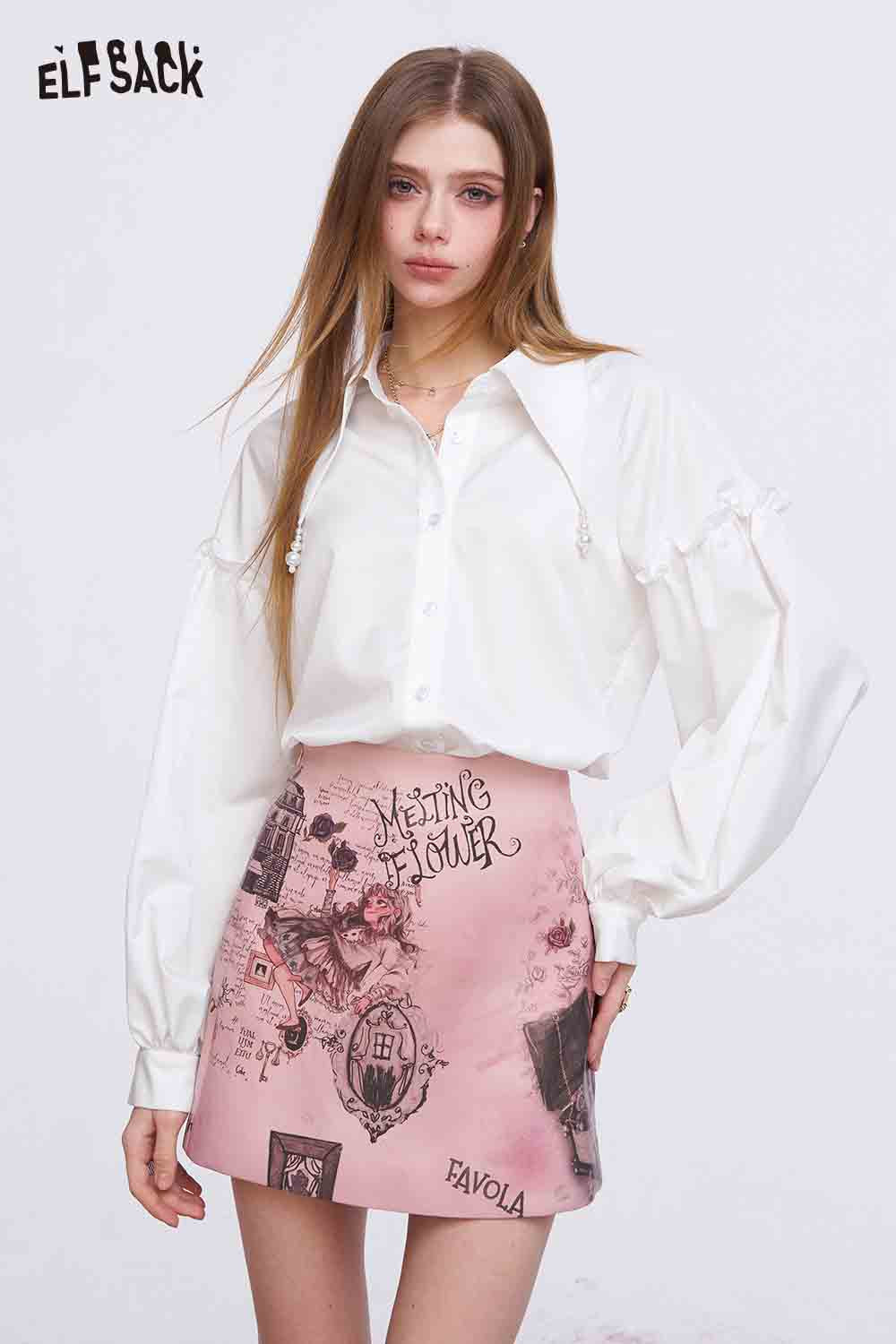 ELFSACK Elegant White Shirt with Pearl Pointed Collar