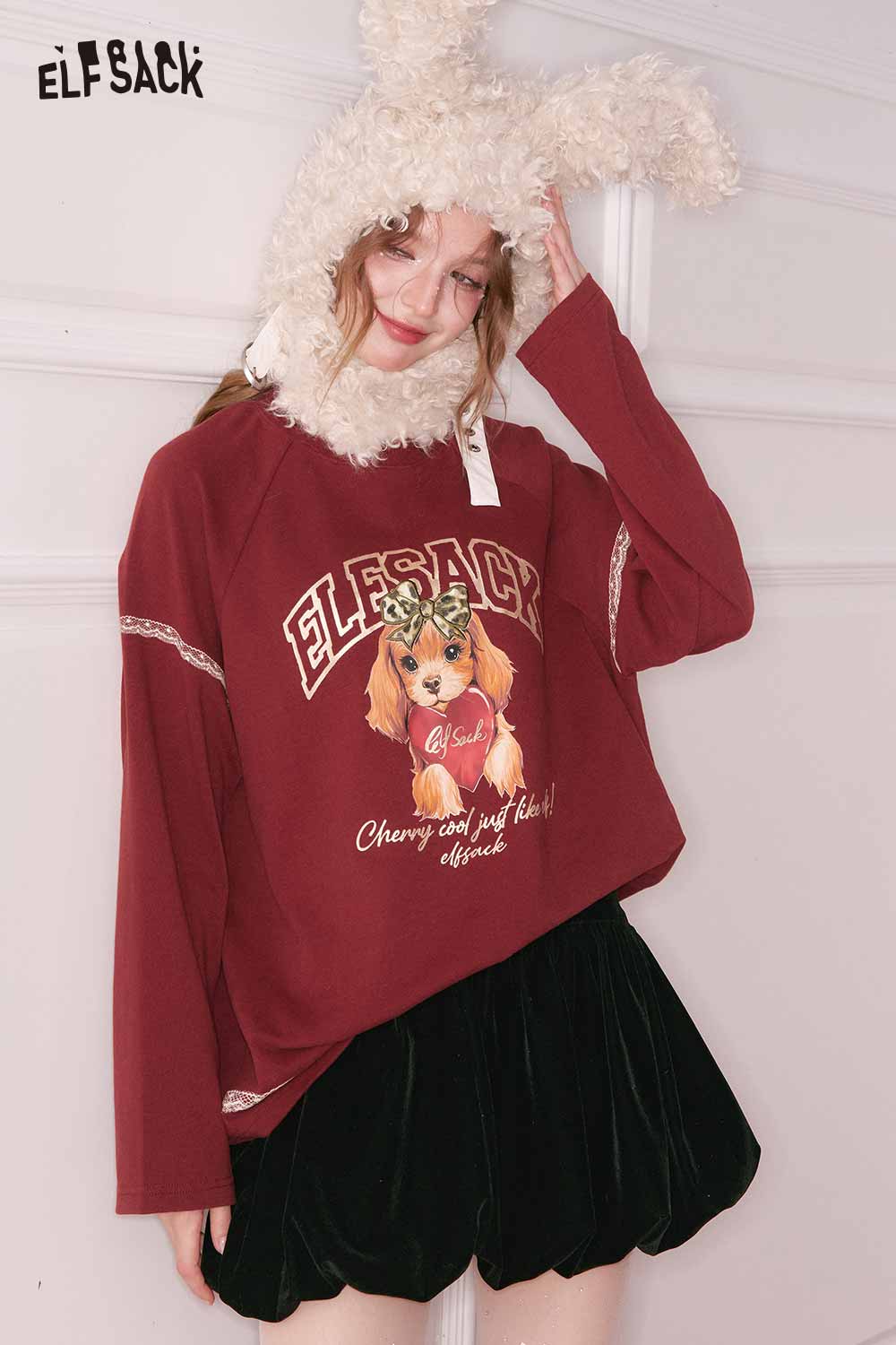 ELFSACK Casual Loose Puppy Letter Graphic Lace Long Sleeve Tshirt