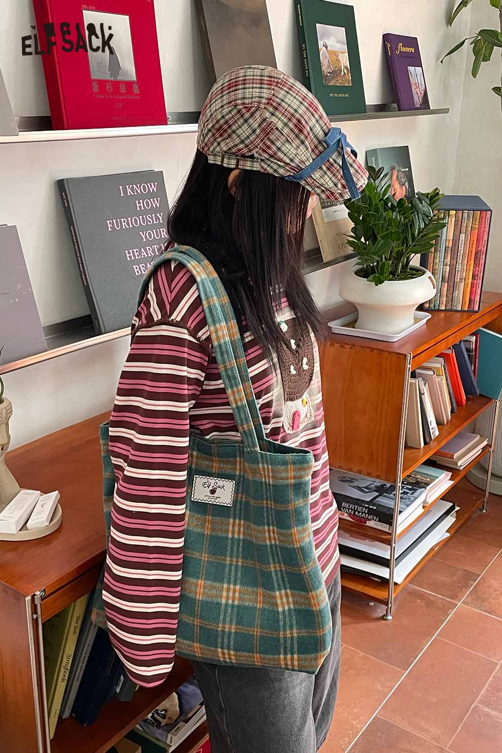 ELFSACK Nylon Contrast Checkerboard Weave Structured Base Tote Bag