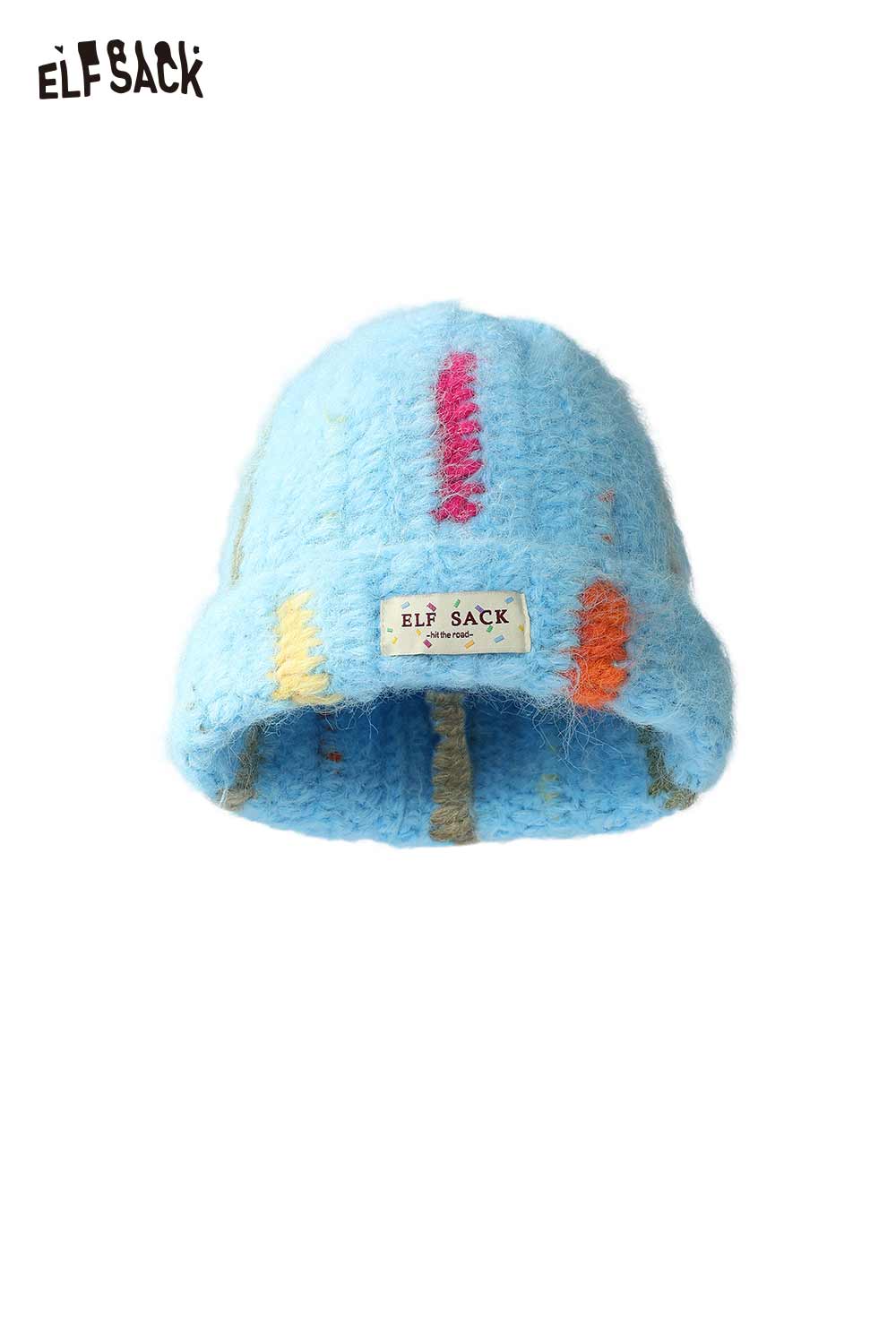ELFSACK Cute Color Block Patch Logo Warm Knit Beanie