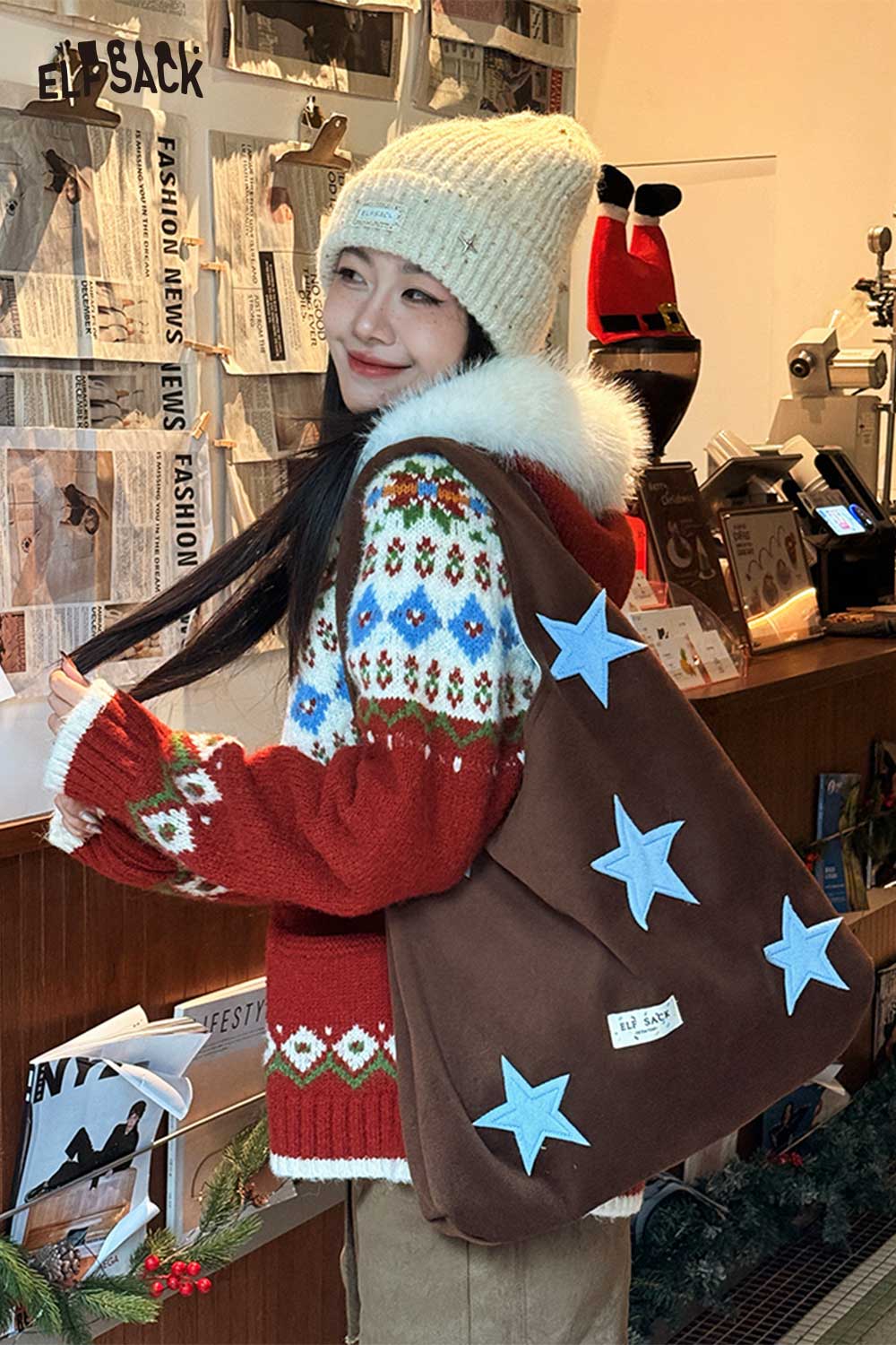 ELFSACK Casual Color Block Star Applique Large Capacity Tote Bag