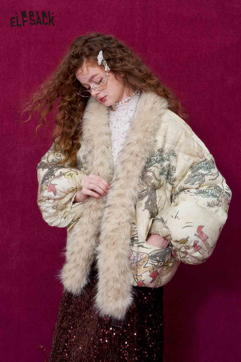 ELFSACK New Oriental Style Pony Print Fur Collar Puffer Down Jacket