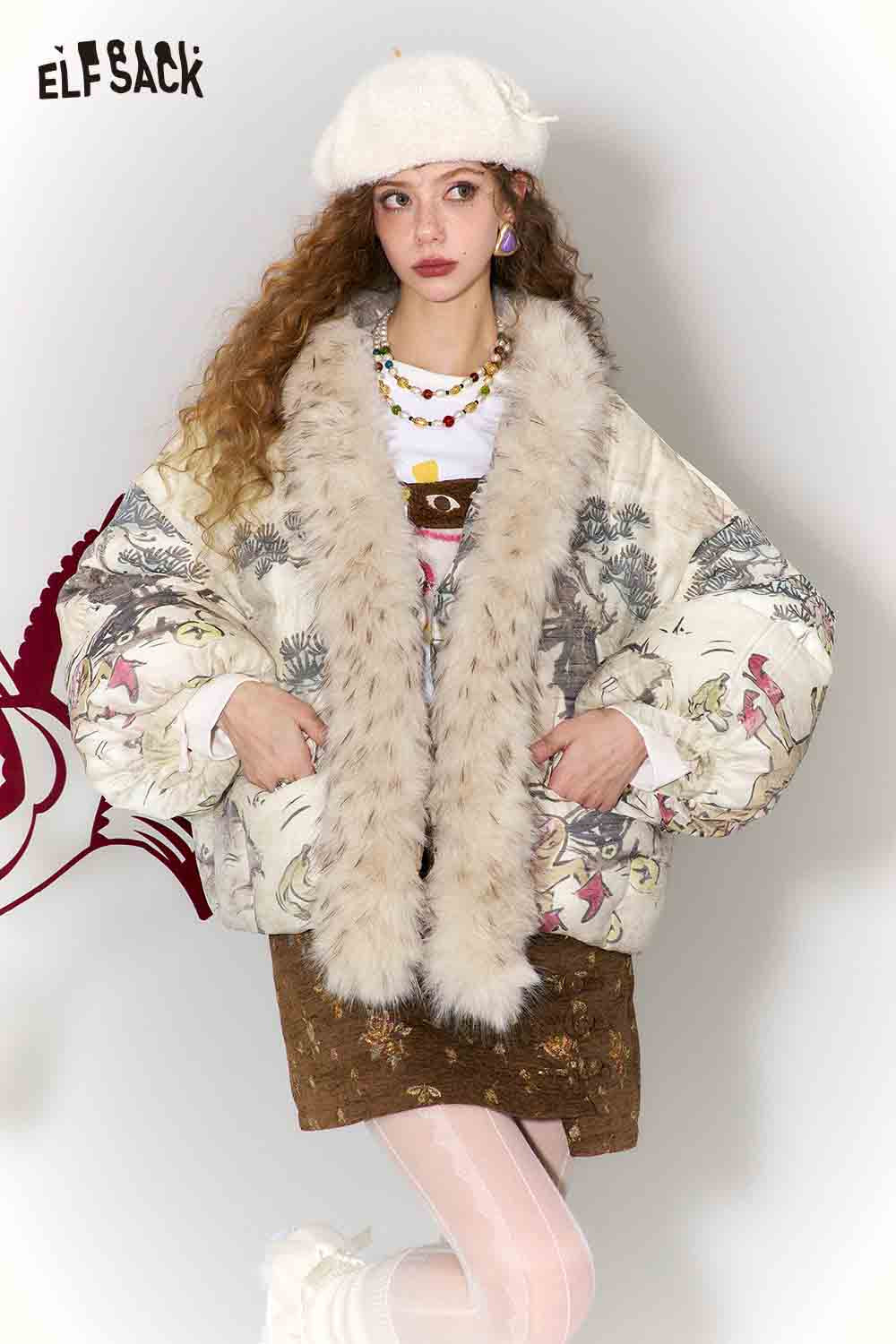 ELFSACK New Oriental Style Pony Print Fur Collar Puffer Down Jacket