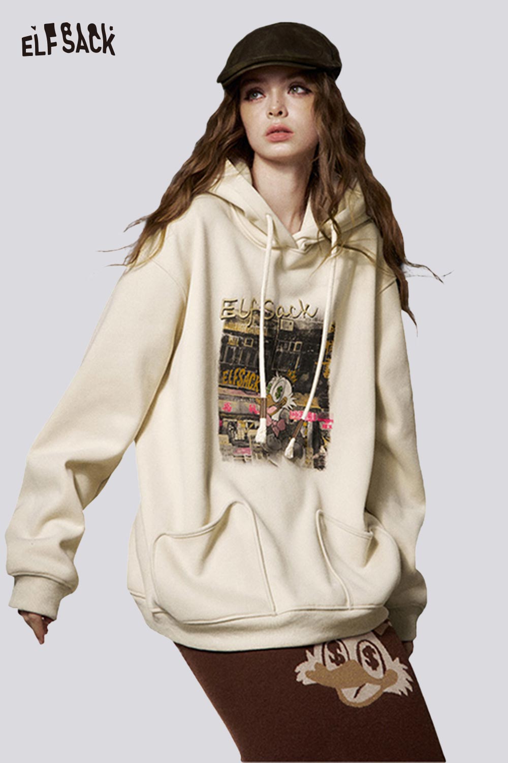 ELFSACK Soft Loose Graphic Long Hooded Sweatshirt