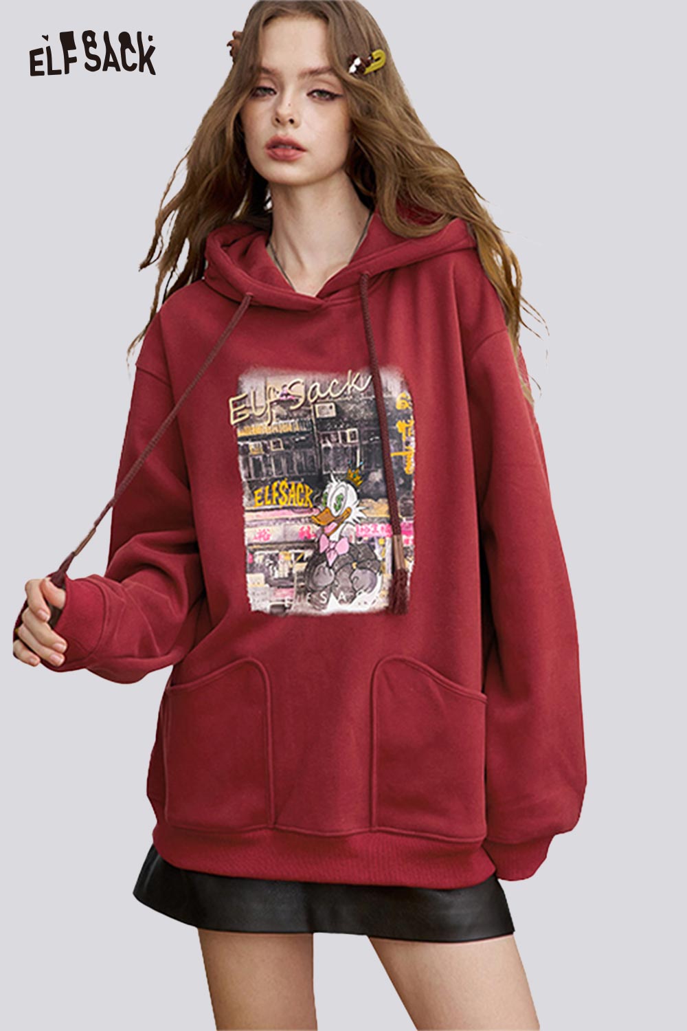 ELFSACK Soft Loose Graphic Long Hooded Sweatshirt