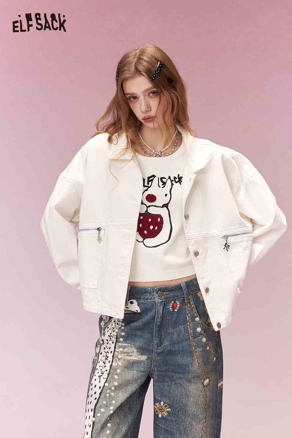 ELFSACK Energetic Girly Strawberry Bunny Print Short Sleeve Knit Top