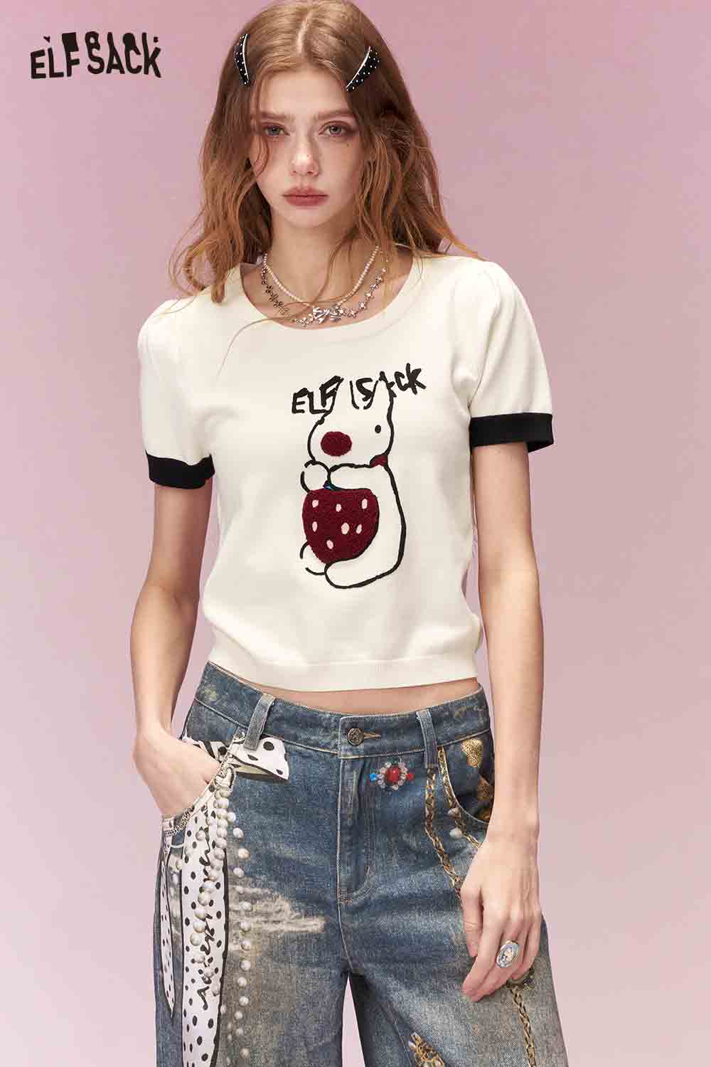 ELFSACK Energetic Girly Strawberry Bunny Print Short Sleeve Knit Top