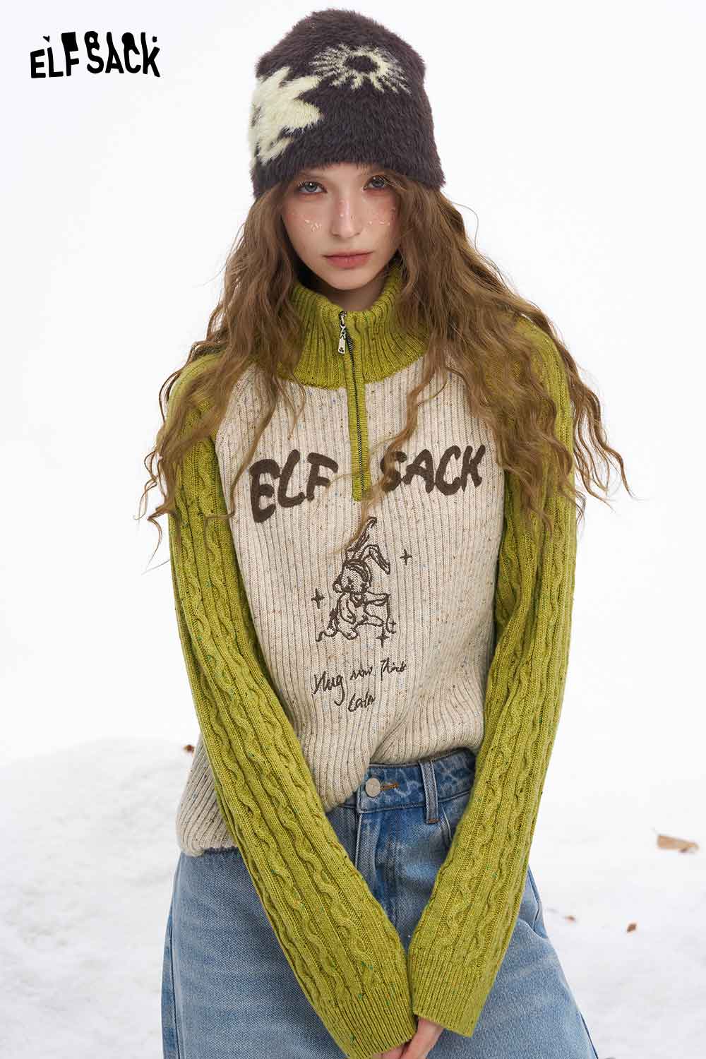 ELFSACK Soft Casual Graphic High Neck Half Zipper Color Block Knitwear