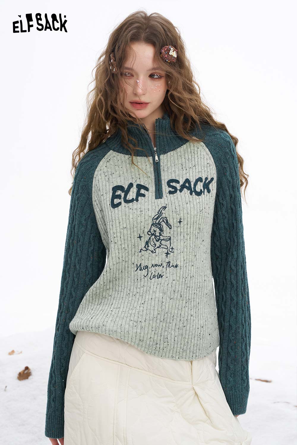 ELFSACK Soft Casual Graphic High Neck Half Zipper Color Block Knitwear