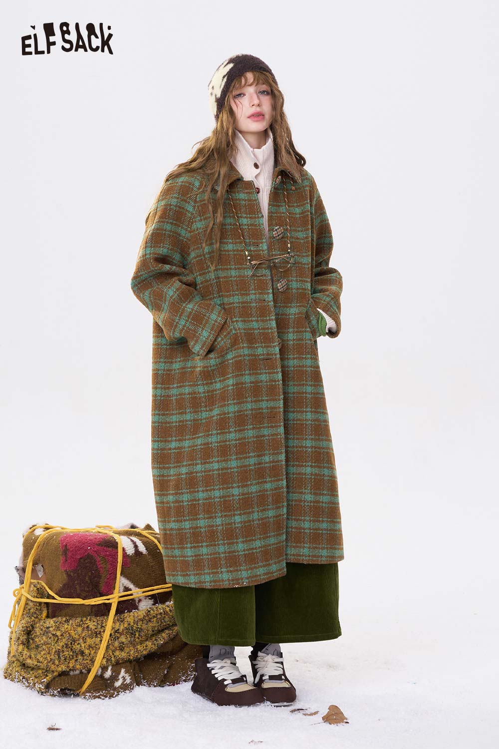 ELFSACK Stripe Lapel Single Breasted Round Button Long Coat