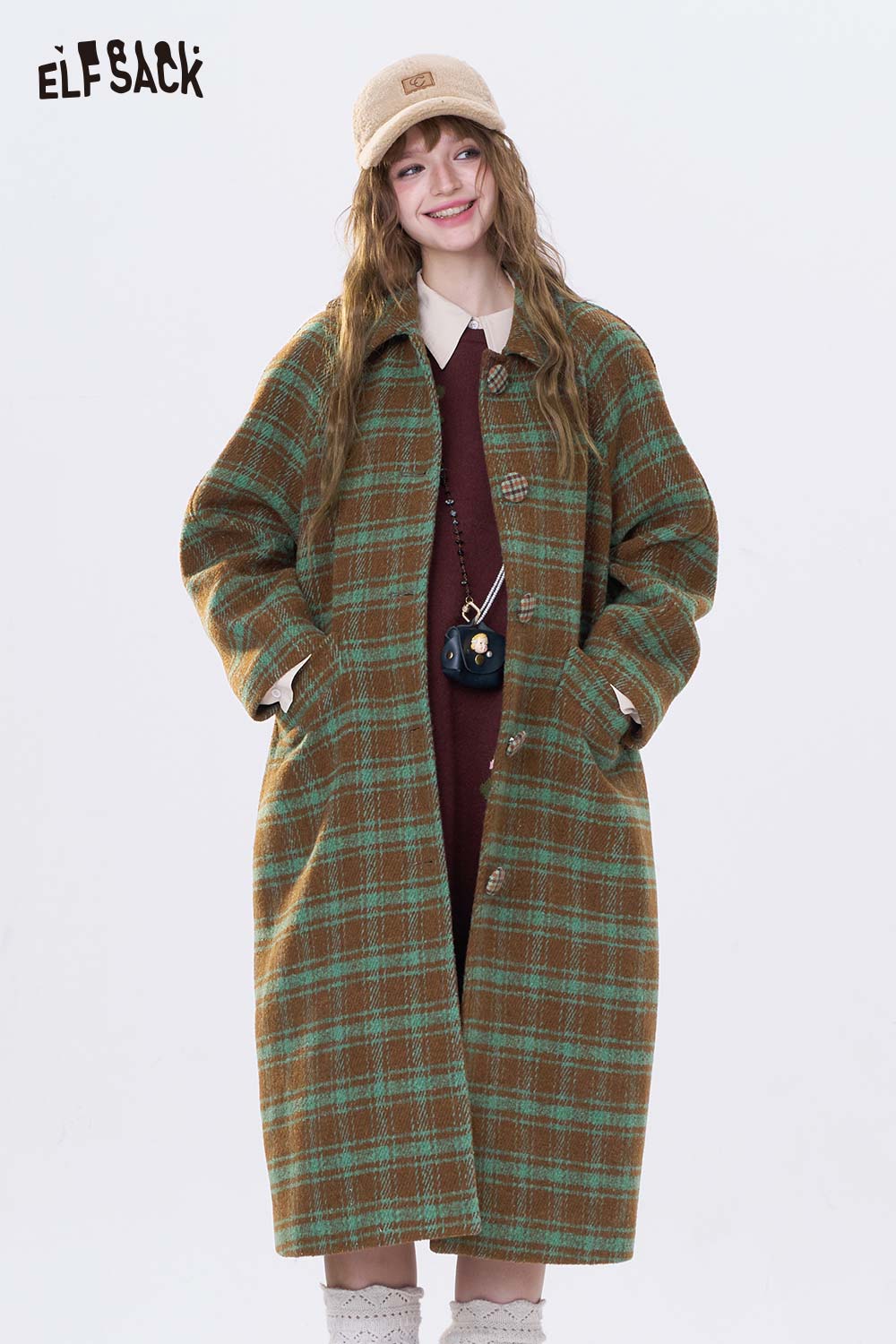 ELFSACK Stripe Lapel Single Breasted Round Button Long Coat