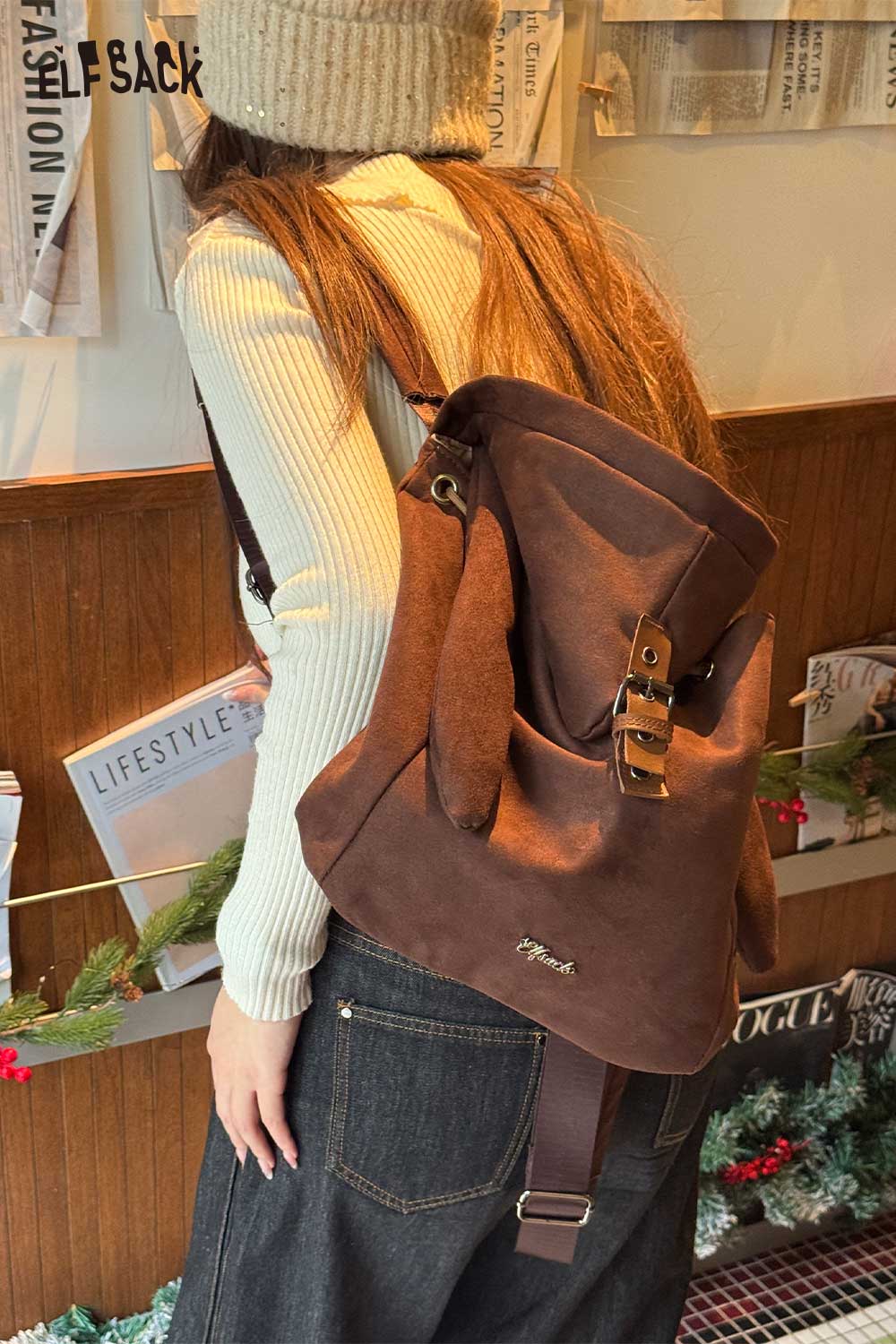 ELFSACK Preppy Solid Bunny Ear Hat Belt Buckle Backpack
