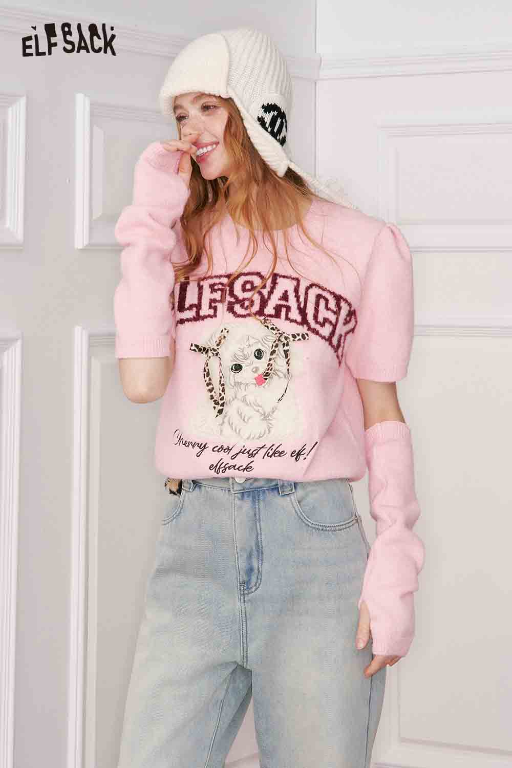 ELFSACK Animal Graphic Letter Embroidery Short Sleeve Sweater with Sleeve Covers