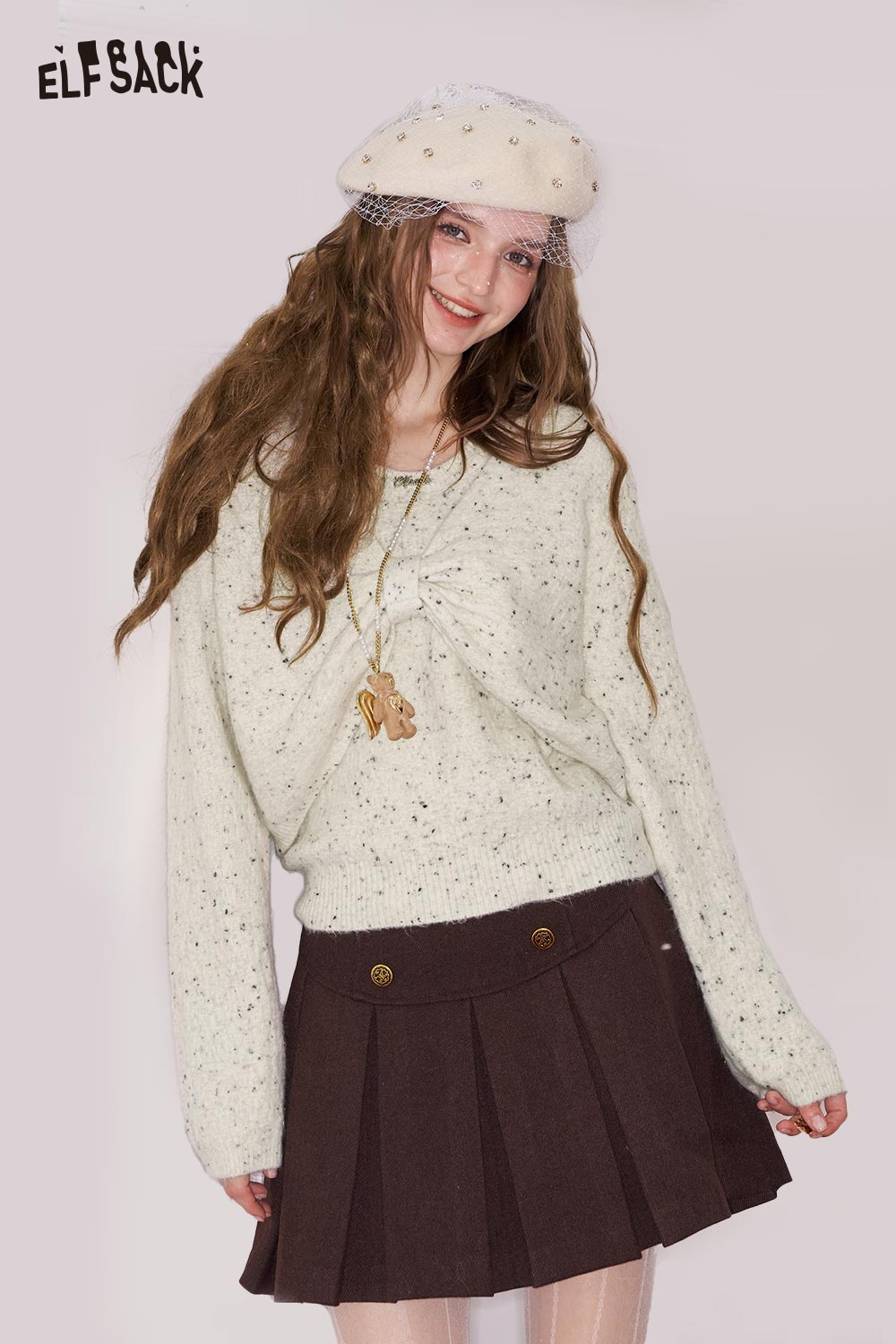 ELFSACK Sweet Solid Bow Embellished Cutout Neckline Sweater