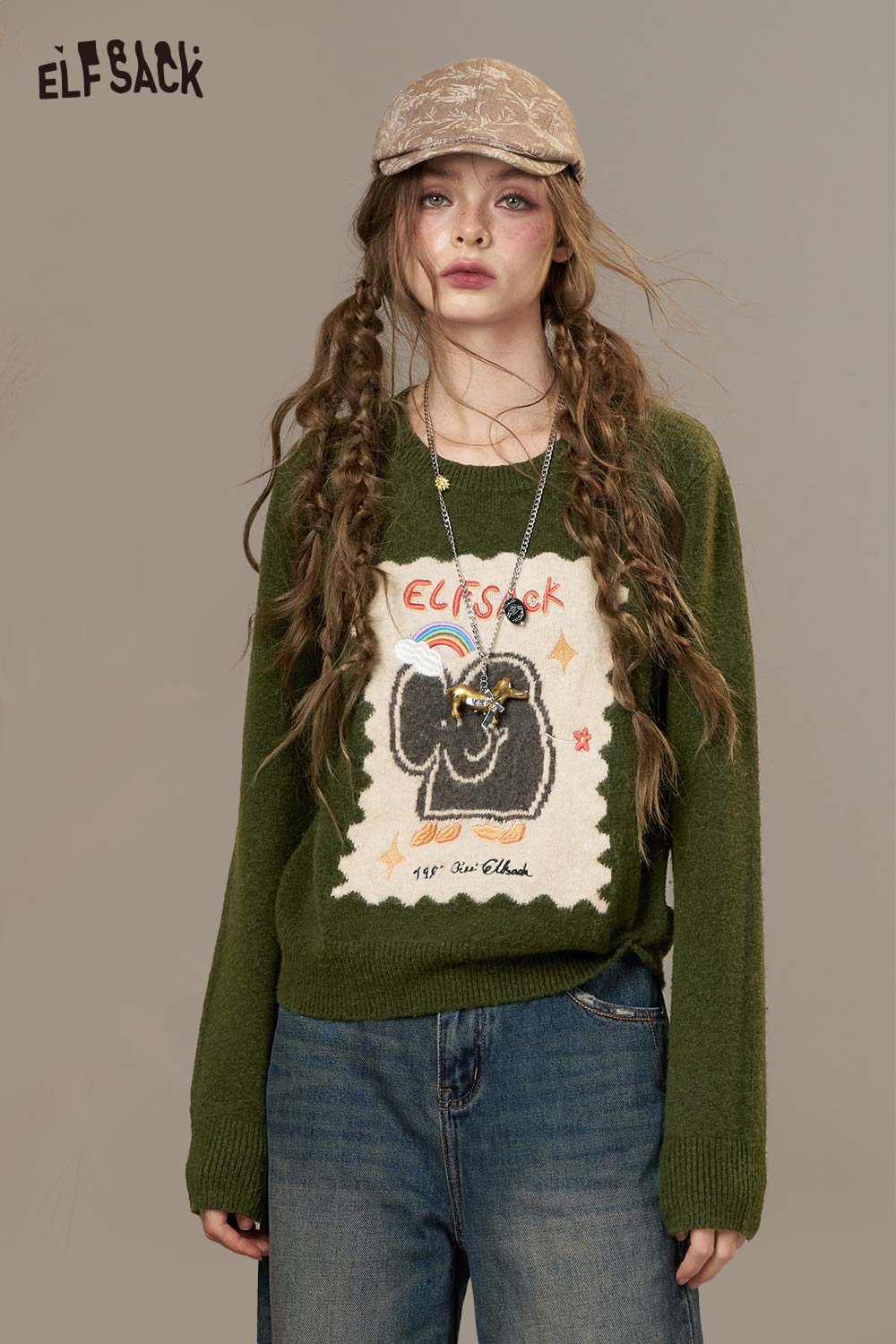 ELFSACK Soft Knit Cartoon Kitten Embroidery Design Round Neck Sweater
