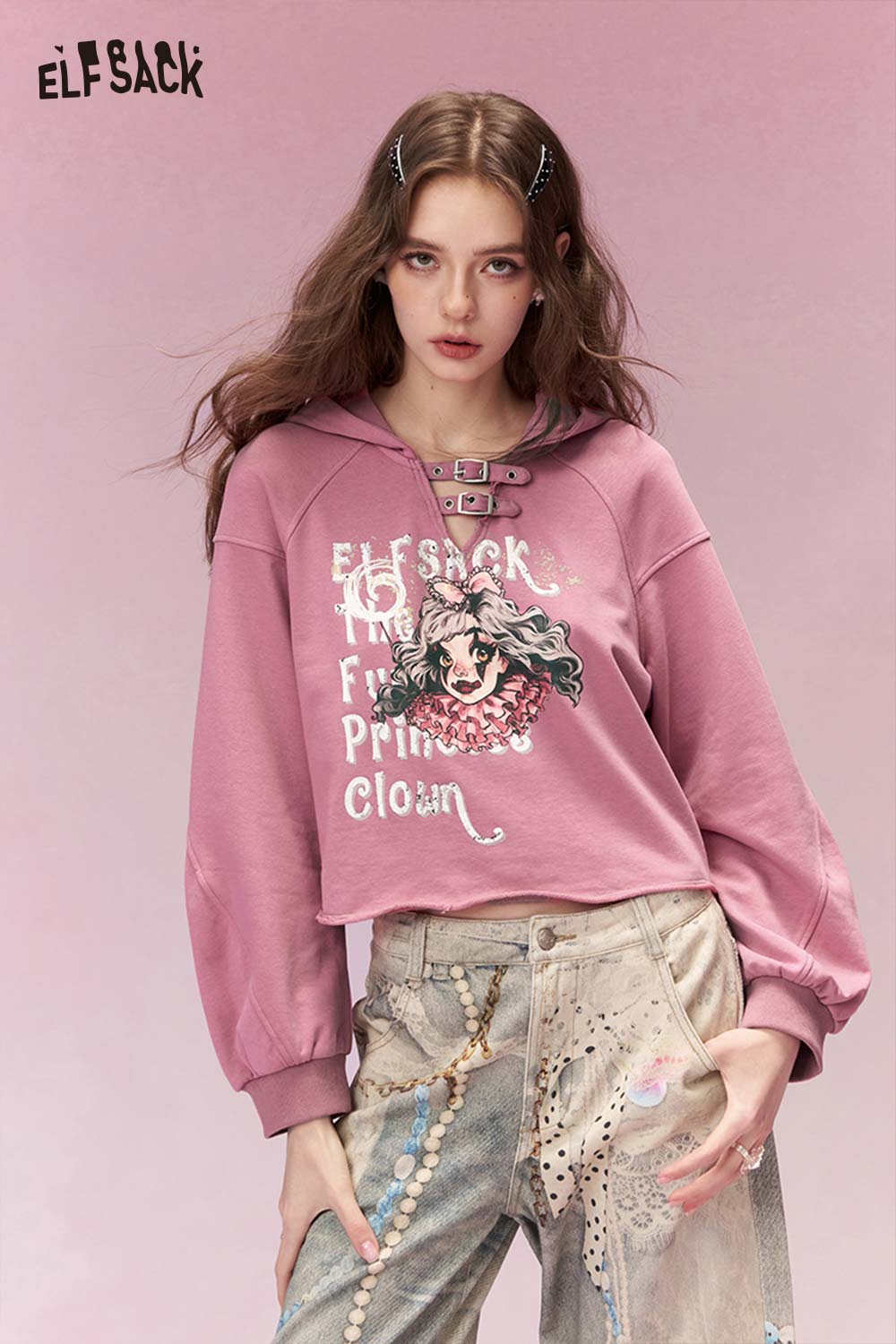 ELFSACK Y2K Sweet Cool Clown Girl Graphic Hoodie