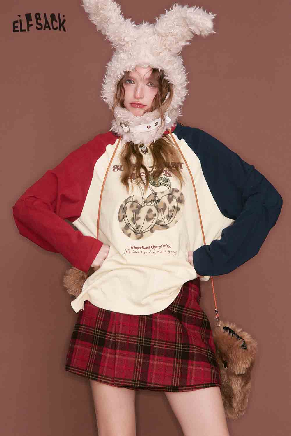 ELFSACK Color Block Raglan Sleeve Leopard Cherry Graphic Long Sleeve Tshirt
